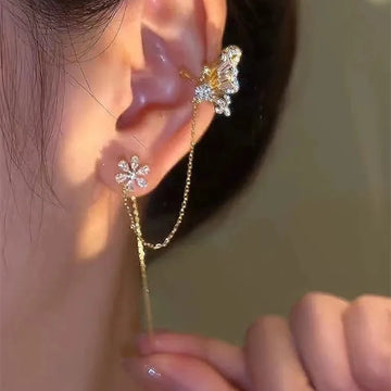 DAIIIBABYYY  -  New Arrival Shiny Crystal Butterfly Ear Cuff Clip Earrings For Women Fashion Tassel Chain Flower Stud Earrings Wedding Jewelry